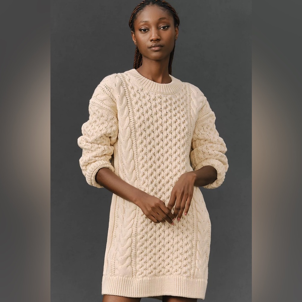 Anthropologie English Factory Long-Sleeve Cable Knit Mini Dress Medium NWT $165